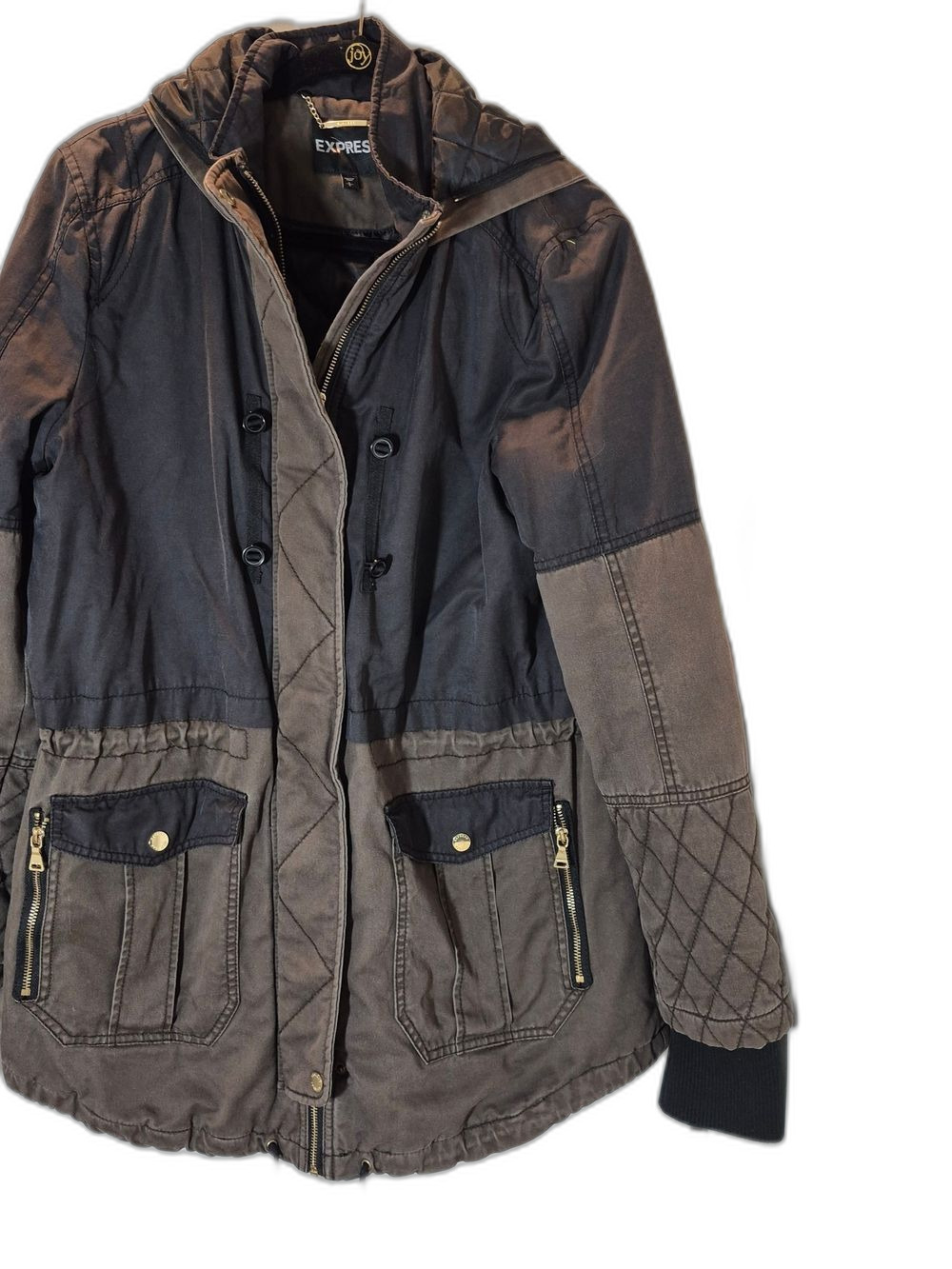 Express Women's Two-Tone Olive Green Utility Jacket Cotton Rich W/ Hood - Large